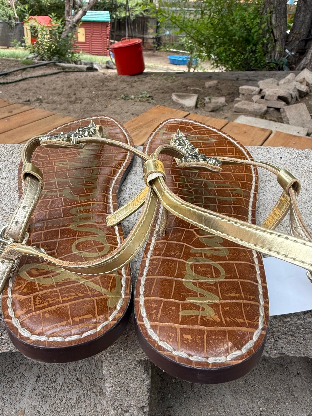 Sam Edelman Gold Jeweled T-Strap Leather Sandals - Picture 3 of 5